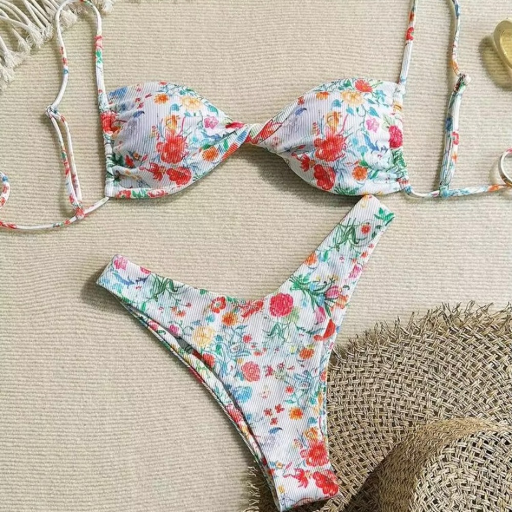 Floral Ribbed Bikini Top & Bottom Set - White with Multicolor Floral Print